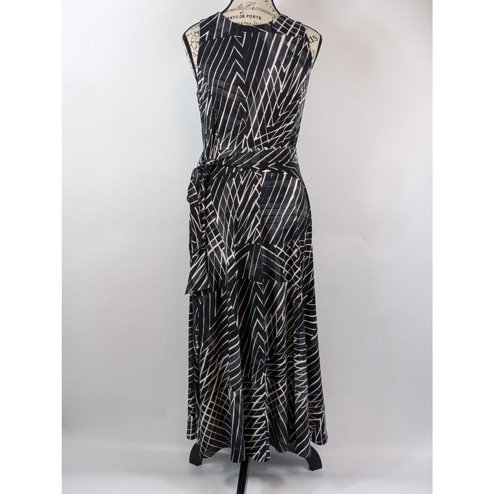 Ralph Lauren Women's Sz 4 Dress Midi Tie Belt Black Slate Cream Print Below Knee